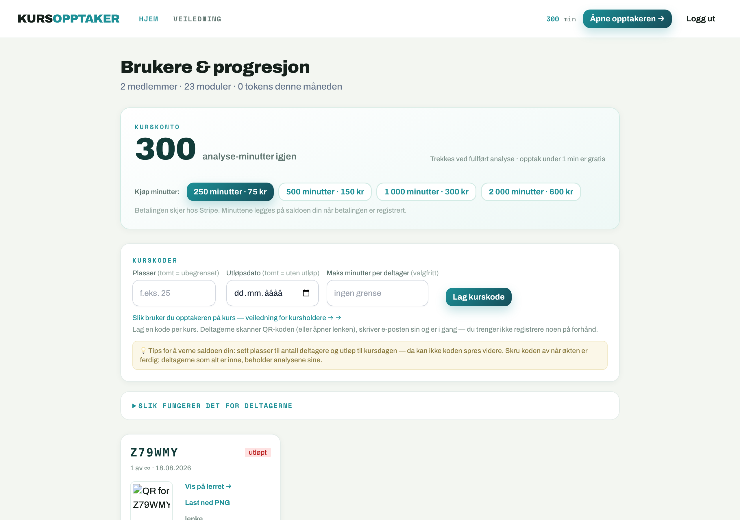 Kursholder-panelet: lag kurskode, QR-koder, plasser og deltagerliste
